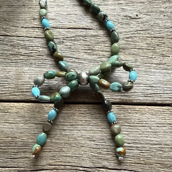 Bow Blue Green Turquoise Sterling Silver Pearls Bead Necklace. 18 Inch. Gift